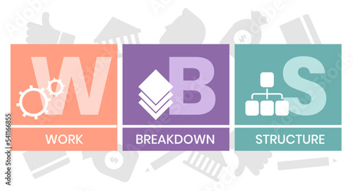 WBS - Work Breakdown Structure acronym. business concept background. vector illustration concept with keywords and icons. lettering illustration with icons for web banner, flyer, landing