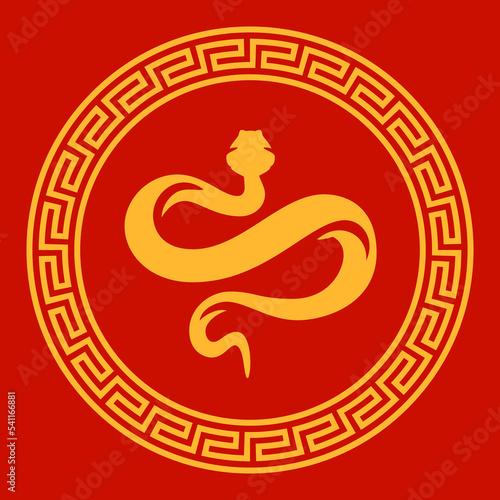 Curved snake golden circle frame Chinese New Year antique ornamental monochrome icon vector flat