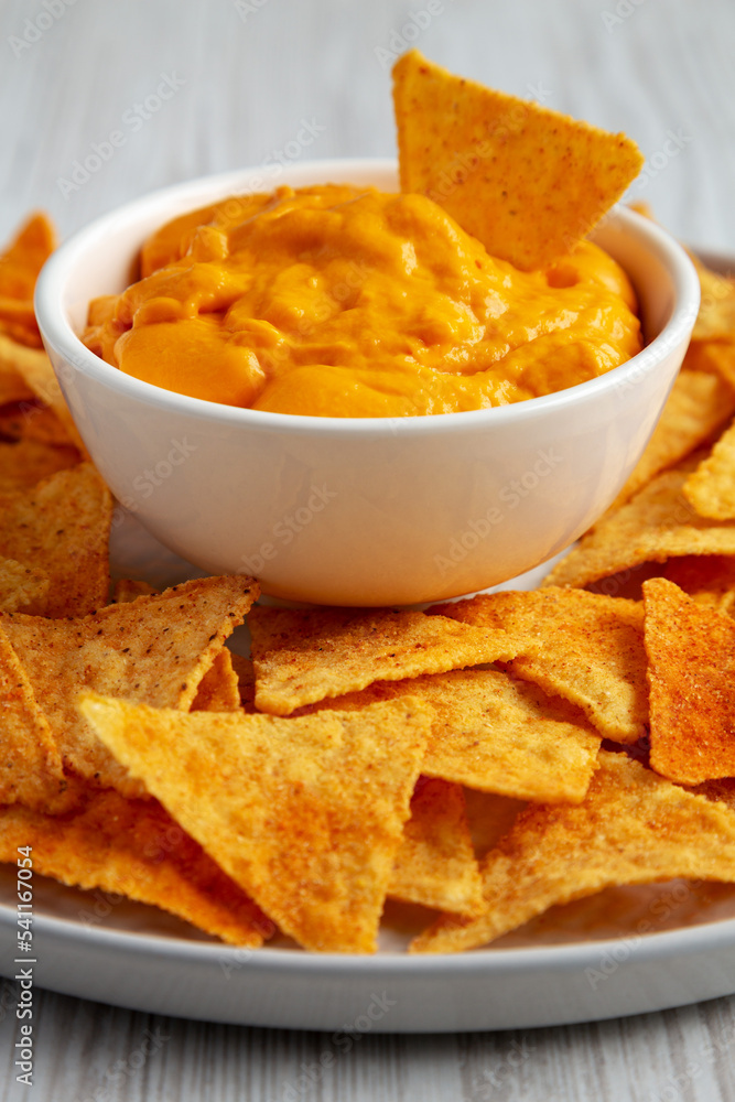 Cheese dip with tortilla chips, side view. Close-up. Cheese dip with tortilla chips, side view. Close-up.