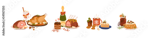 Christmas dishes set. Food, served meals for winter holiday dinner. Traditional desserts, pudding, roasted turkey, ribs, hot drinks and champagne. Flat vector illustration isolated on white background