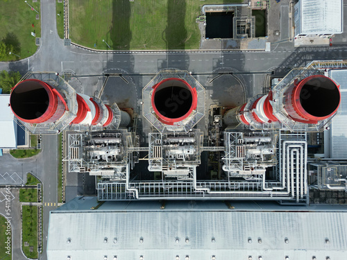 Chimneys of gas fired power plant. Top down aerial view