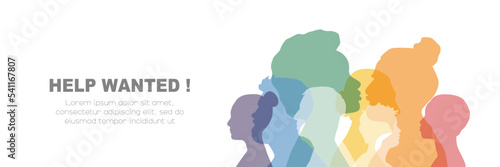 Help wanted banner. Different people stand side by side together. Card with place for text.