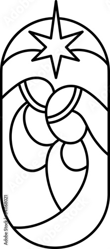 Vector Christmas Christian religious Nativity Scene of baby Jesus with Mary and Joseph. Logo icon illustration sketch. Doodle hand drawn with black lines