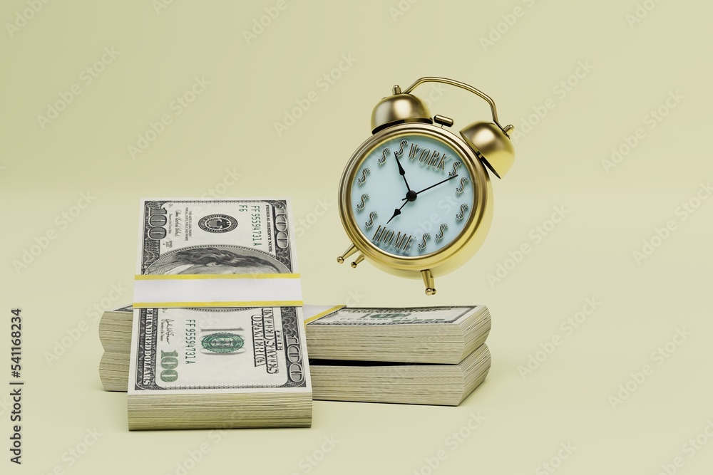 payment for the time worked. alarm clock on bundles of dollar bills. 3D render payment for the time worked. alarm clock on bundles of dollar bills. 3D render