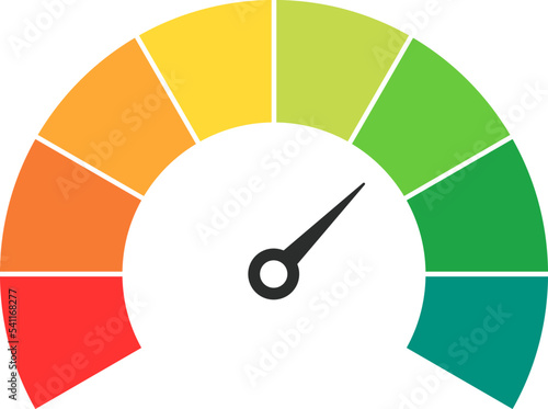 Vector speedometer meter with arrow for dashboard with green, yellow, orange and red indicators. Gauge of tachometer. Low, medium, high and risk levels. Bitcoin fear and greed index cryptocurrency