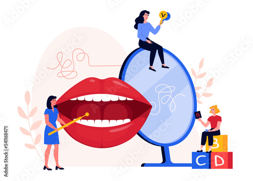 Speech therapy concept. Child practicing sounds with a therapist. Tongue exercise. Speech disorder, delay. Banner, advertisement, landing. Flat vector illustration. photo
