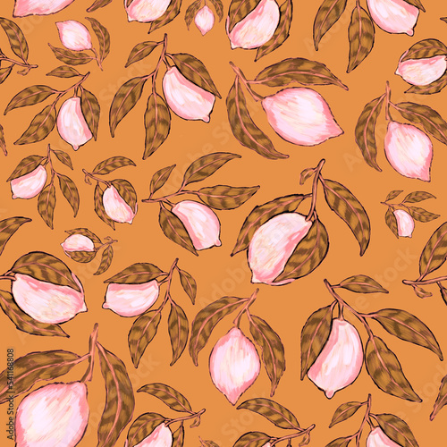 Creative seamless pattern with fruits: lemons, oranges, grapes and pomegranat...