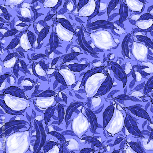 Creative seamless pattern with fruits: lemons, oranges, grapes and pomegranat...