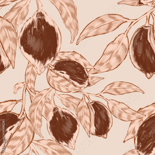 Creative seamless pattern with fruits: lemons, oranges, grapes and pomegranat...