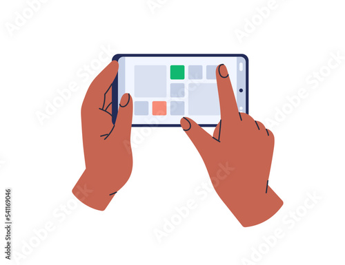 Hands holding phone, touching screen, using mobile app. Finger clicking, tapping on smartphone, horizontal cellphone. Playing telephone game. Flat vector illustration isolated on white background