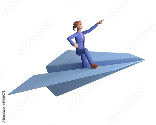 Business woman standing on a paper airplane. Career success, promotion, goal achievement. Concept of leadership. 3d rendering