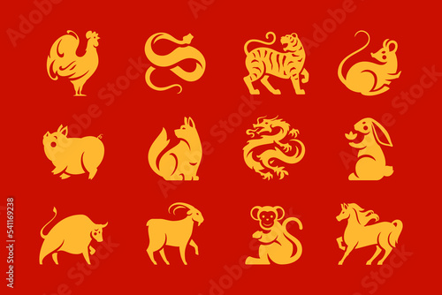China New Year Asian horoscope animals golden symbols icon set vector flat illustration