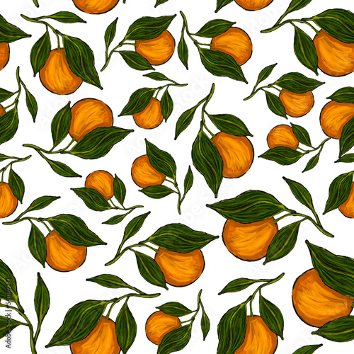 Creative seamless pattern with fruits: lemons, oranges, grapes and pomegranat...