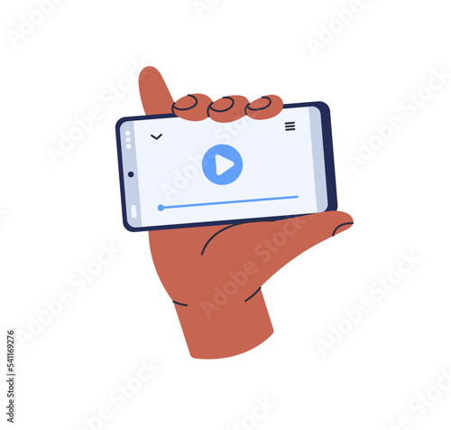 Hand holding mobile phone, using video application for watching movie. Playing film online on horizontal smartphone screen, cellphone player app. Flat vector illustration isolated on white background