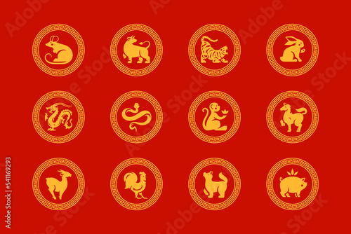 Chinese New Year traditional horoscope characters circle ornate frame icon vector flat illustration