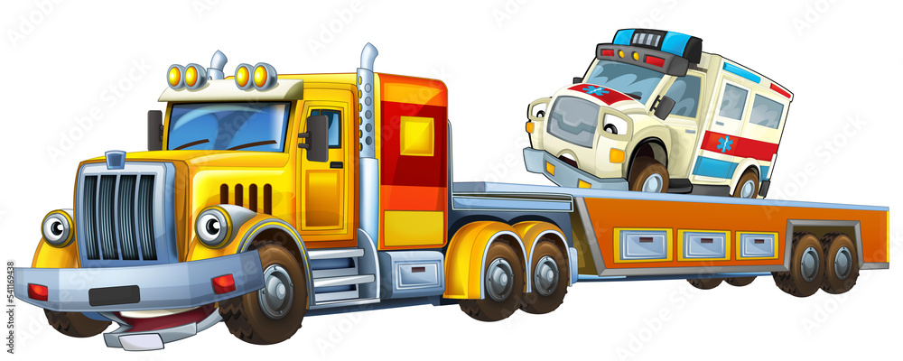 cartoon tow truck driving with load ambulance car cartoon tow truck driving with load ambulance car