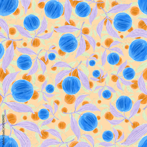 Creative seamless pattern with fruits: lemons, oranges, grapes and pomegranat...
