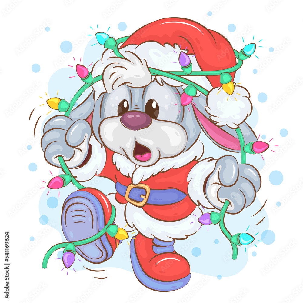 Naklejka premium Christmas Bunny and Garland. Christmas illustration of a cartoon bunny dressed as Santa Claus who is tangled in a garland.