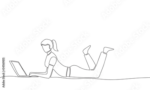 Hand draw line art outline woman lying down and working with laptop. Vector illustration.