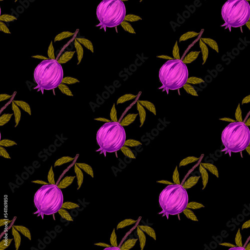 Creative seamless pattern with fruits: lemons, oranges, grapes and pomegranat...