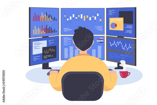 Stock trader sitting at multiple computer screen. Male broker sitting at desk in office, looking at charts, diagrams, analyzing financial statistics flat vector illustration. Business index concept
