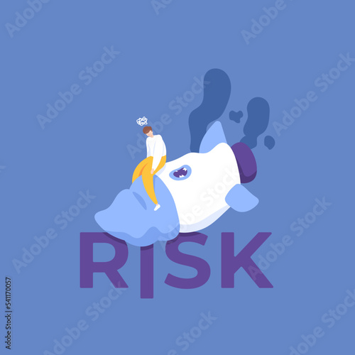 business problems and risks. startups or companies that go bankrupt. business failed and collapsed. a businessman sits frustrated and depressed on a rocket. illustration concept design. posters