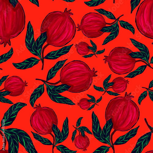 Creative seamless pattern with fruits: lemons, oranges, grapes and pomegranat...