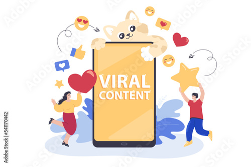 Huge mobile phone with viral content flat vector illustration. Tiny happy man and woman holding heart and star, cat hugging smartphone. People posting content on social media. Online blog concept