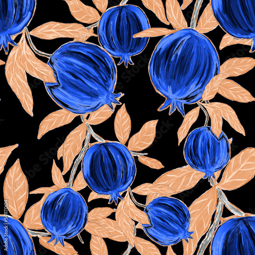 Creative seamless pattern with fruits: lemons, oranges, grapes and pomegranat...
