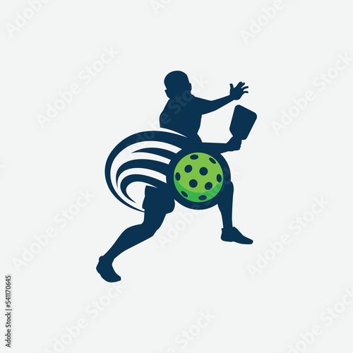 vector graphic of a male pickleball player silhouette and a dynamic moving ball for advertising, logo, banner, social media post, etc.