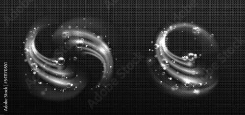 Clean detergent wave and soap swirl, light effect with bubbles and sparkles shine. Isolated transparent abstract foam, sparkling vortex, 3d dynamic elements for design of washing powder or shampoo ads