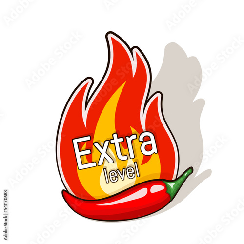 Hot chili pepper pod and fire flame from behind. Extra level of spiciness. Logo design for hot sauces or other spicy food