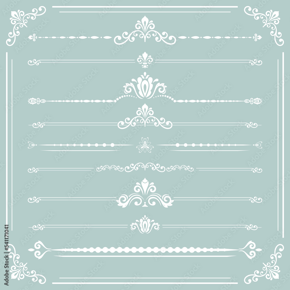 Vintage set of decorative elements. Horizontal separators in the frame. Collection of different ornaments. White patterns. Set of vintage patterns
