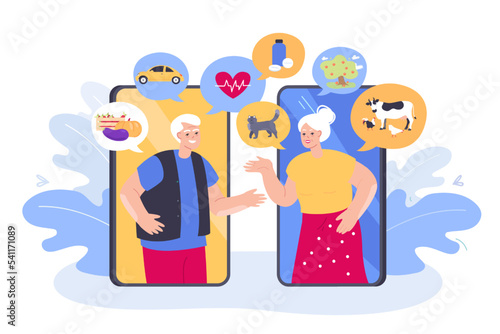 Senior couple having smartphone video call. Elderly man and woman talking about health, farming, food using mobile phone flat vector illustration. Online communication, family, conference concept