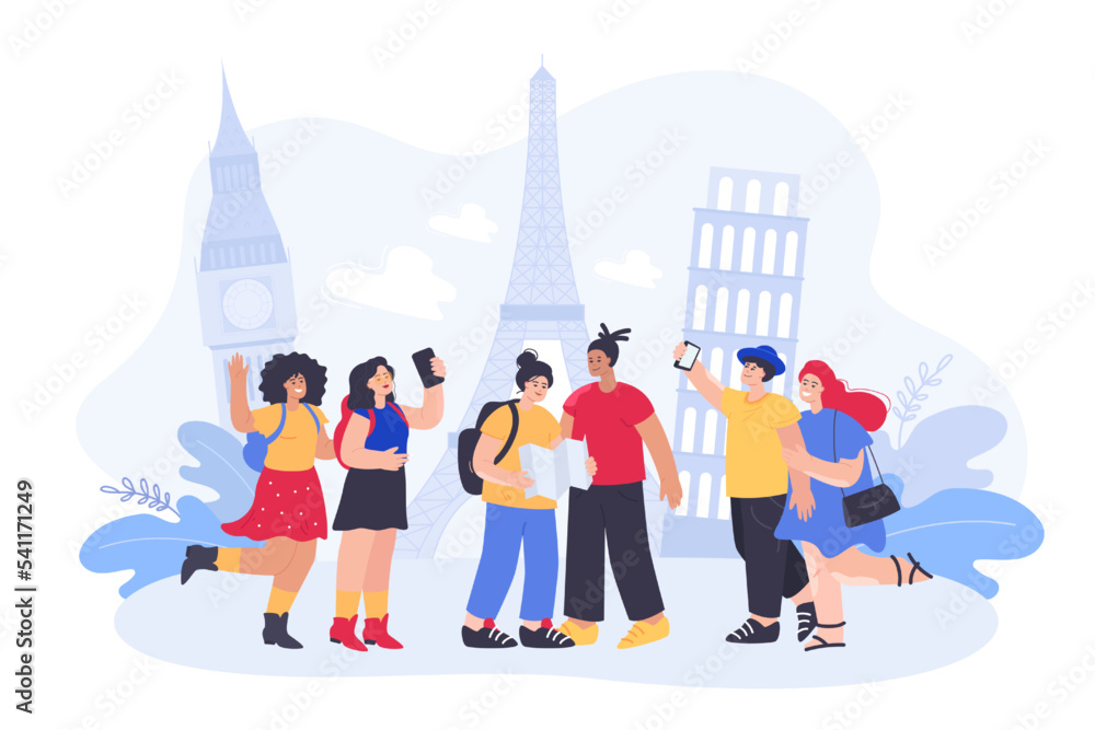 Fototapeta premium Tourists taking selfie and using map flat vector illustration. Happy men and women or couples taking photo on phone or camera in background of famous landmarks. Travel, tour, Europe, tourism concept