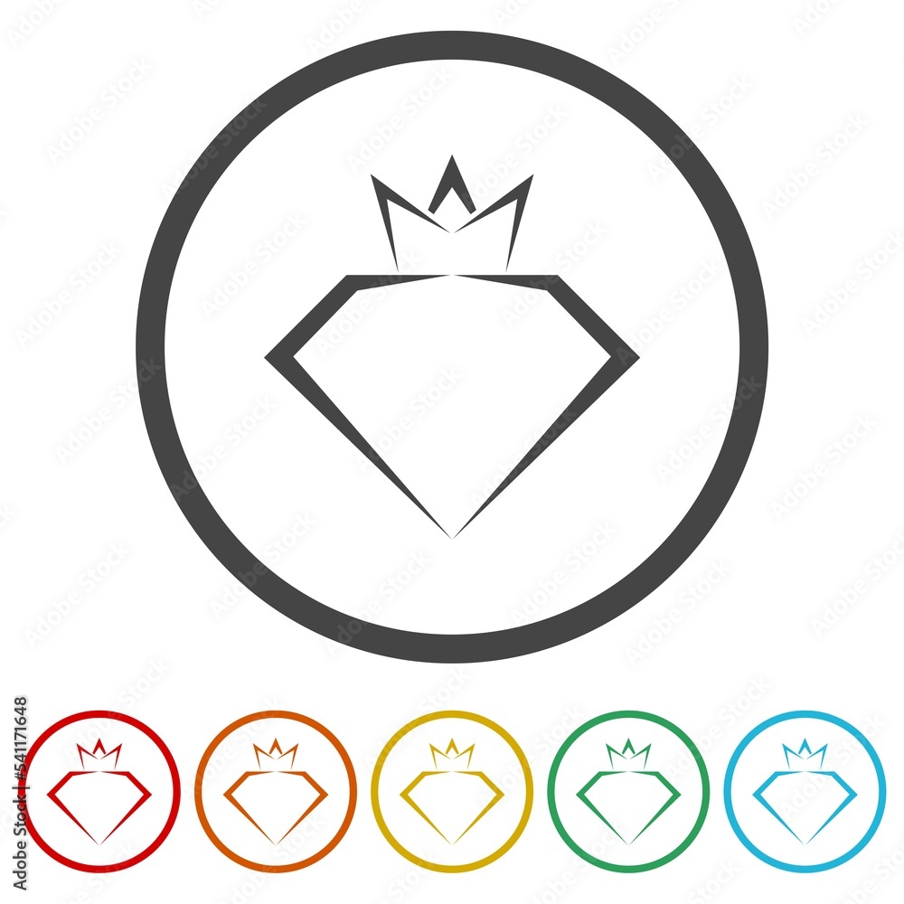 Diamond with crown logo. Set icons in color circle buttons Diamond with crown logo. Set icons in color circle buttons