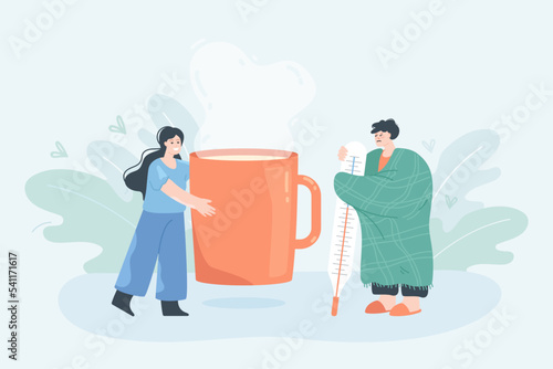 Girl giving mug with hot drink to sick man. Person wrapped in warm plaid holding thermometer, having flu, cold and fever symptoms flat vector illustration. Recovery, treatment, medication concept