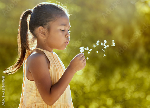Canvas-taulu Child, girl or blowing dandelion flower in summer garden, nature park or sustainability environment in wish, hope or freedom
