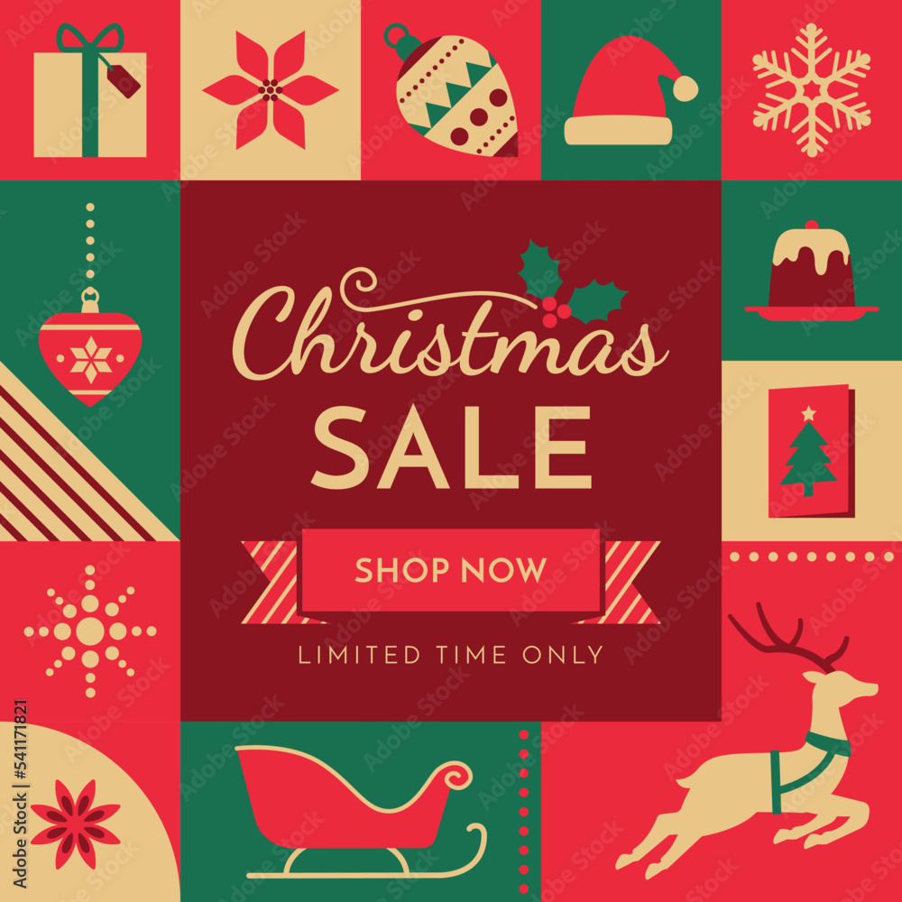 Fototapeta premium Christmas sale advertisement with holiday icons
