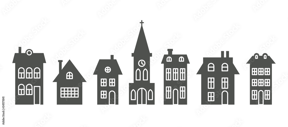 Silhouette of cottages and church in neighborhood. Set of houses on suburban street. Countryside cottages. Glyph vector illustration.