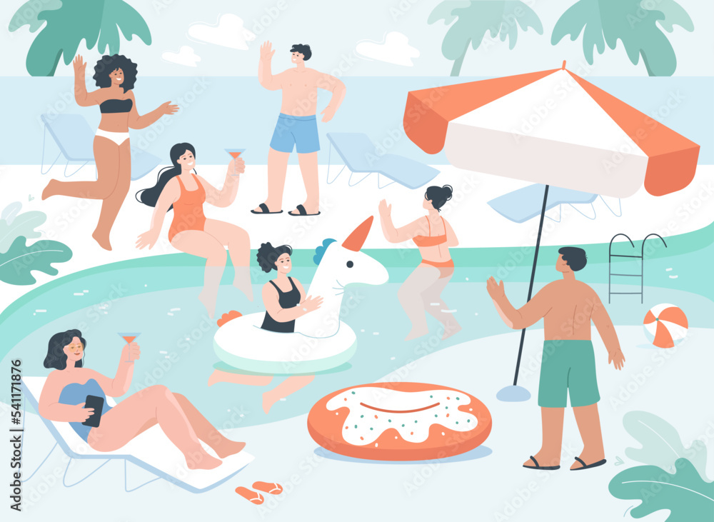 Fun summer pool party of happy people in colorful swimwears. Dance and relax of male and female characters, girl with inflatable ring floating on water flat vector illustration. Vacation concept