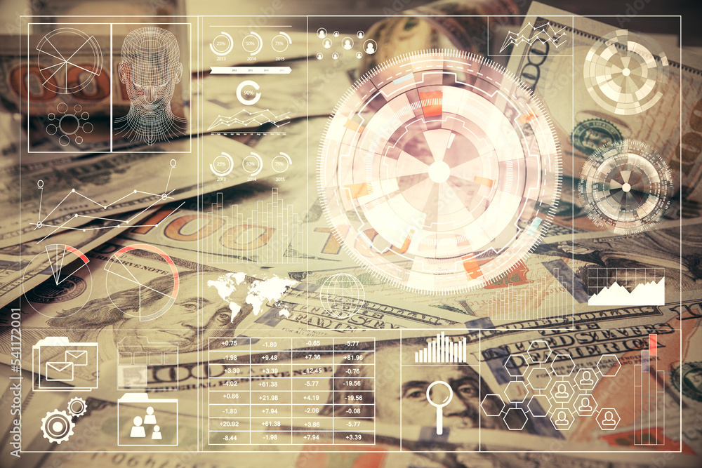 Double exposure of data theme drawing over us dollars bill background. Technology concept.