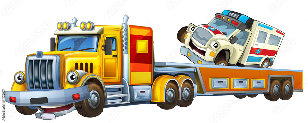 cartoon tow truck driving with load ambulance car cartoon tow truck driving with load ambulance car