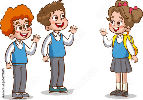 little kid say hello to friend and go to school together