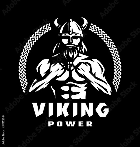 Viking power. Emblem with a silhouette of a warrior on a dark background. Vector illustration.