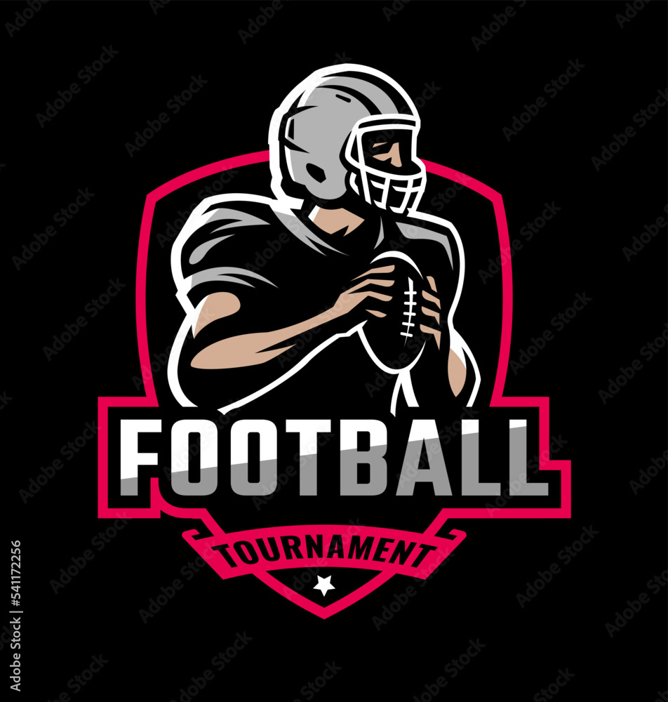 Logo, emblem with an American football player and the inscription Football tournament on a dark background. Vector illustration.