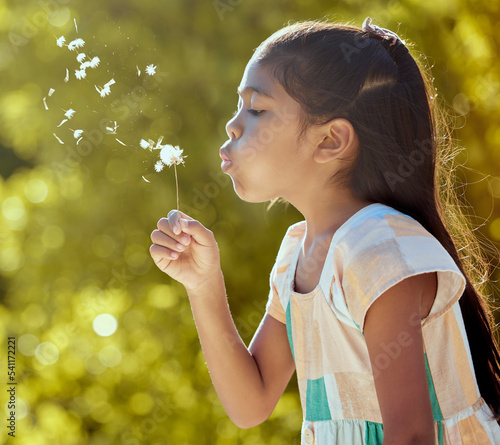 Valokuva Girl, child and nature dandelion flower blowing for wish, dream and magic in garden on vacation in spring