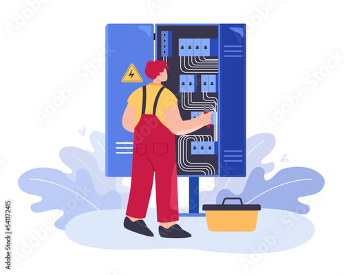Electrician checking wires in service panel. Technician in overall working with breaker switch board or circuit flat vector illustration. Service, occupation, profession concept