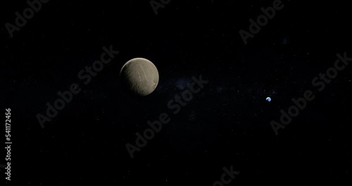 Towards dwarf Planet 28978 Ixion with Neptune planet at background photo