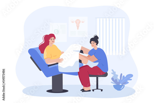 Doctor examining woman lying in gynecologist chair. Gynecologist checking patients cervix or vagina flat vector illustration. Female person visiting hospital. Health, obstetrics concept